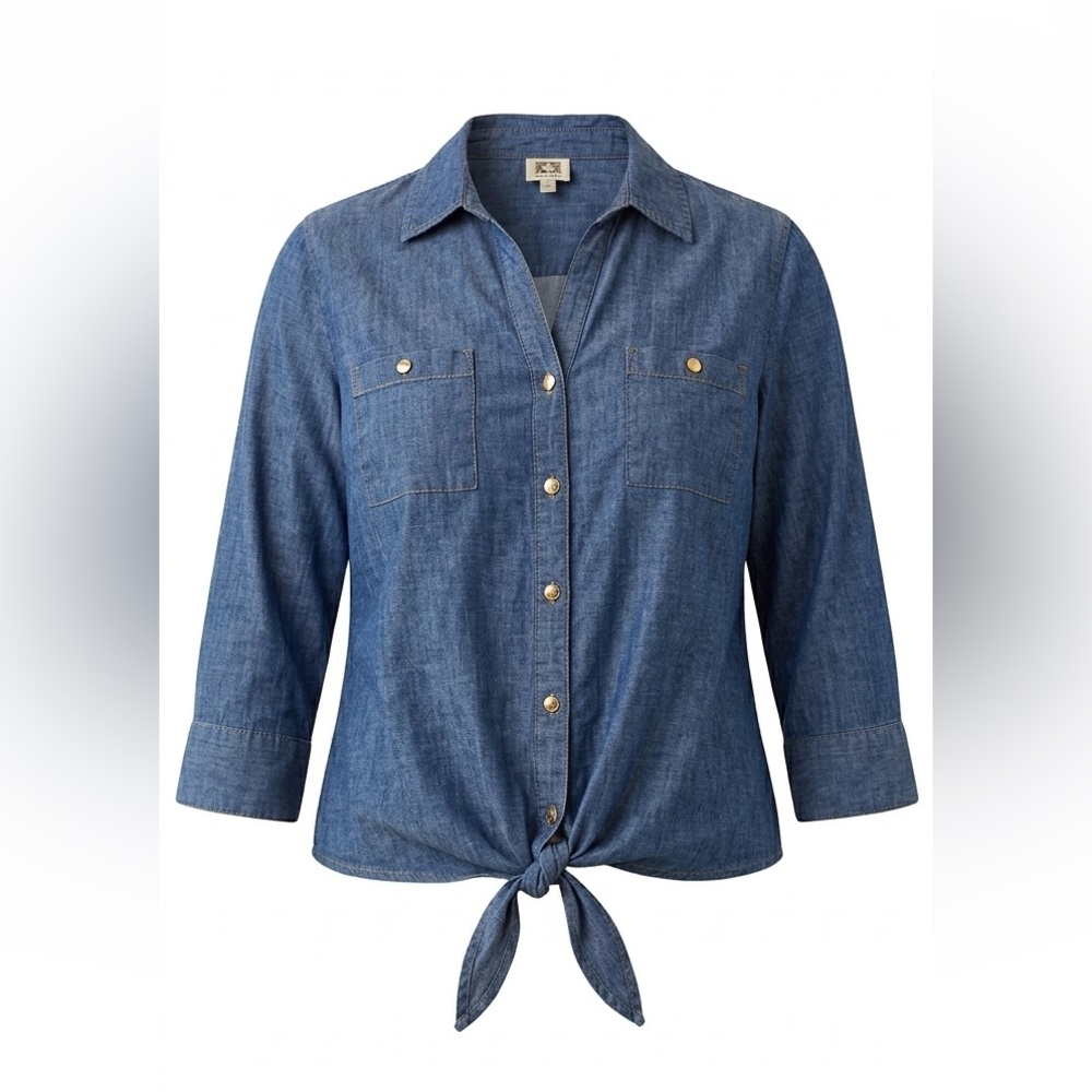 Anne Klein Women's Blue Tie-Front Button-Down Chambray Shirt